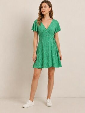 Kayleigh from Stitch Fix Green Floral Wrap Dress - Women's V-Neck Short Sleeve